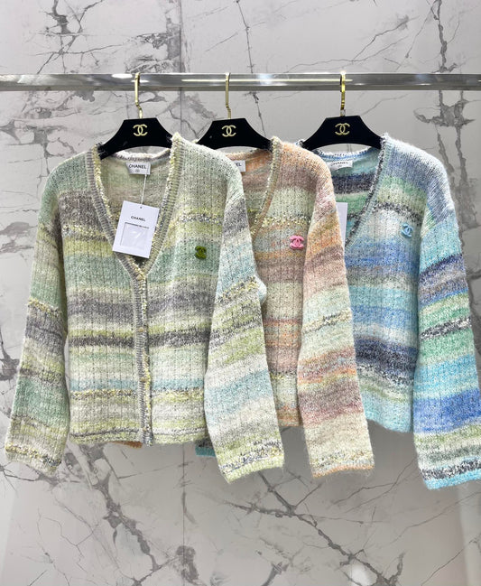 C 25 Gradient stripe patchwork mohair knitted cardigan