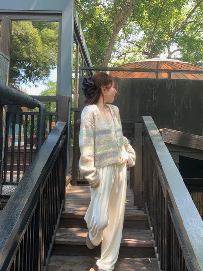 C 25 Gradient stripe patchwork mohair knitted cardigan