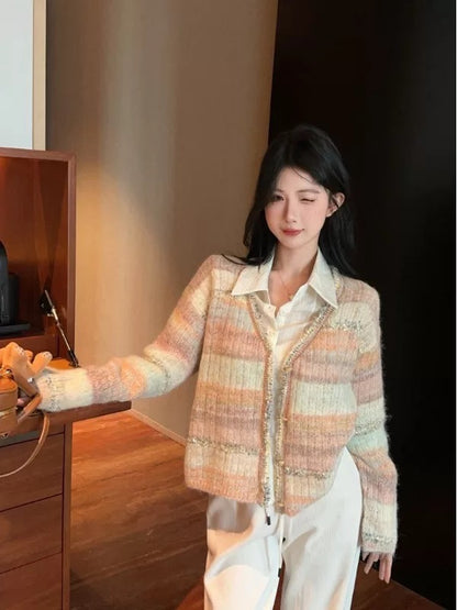 C 25 Gradient stripe patchwork mohair knitted cardigan
