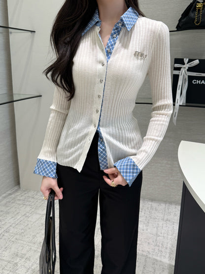 Mi 25 New plaid stitching fake two-piece sweater(WHITE/BLACK)
