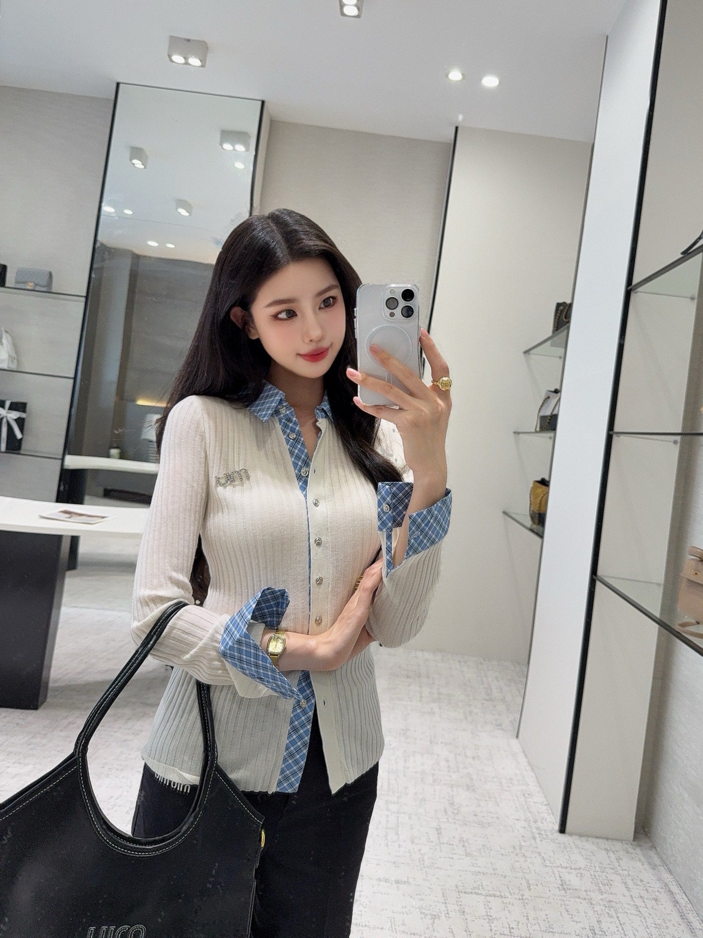 Mi 25 New plaid stitching fake two-piece sweater(WHITE/BLACK)