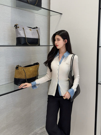 Mi 25 New plaid stitching fake two-piece sweater(WHITE/BLACK)