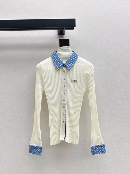 Mi 25 New plaid stitching fake two-piece sweater(WHITE/BLACK)
