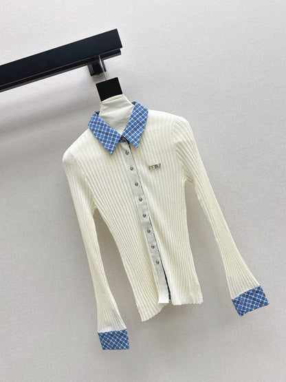 Mi 25 New plaid stitching fake two-piece sweater(WHITE/BLACK)