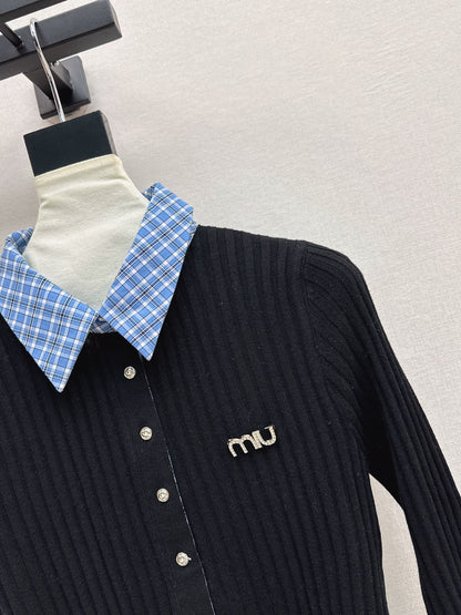 Mi 25 New plaid stitching fake two-piece sweater(WHITE/BLACK)