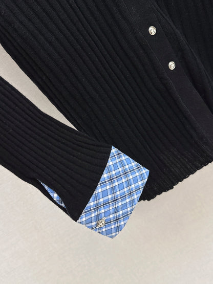 Mi 25 New plaid stitching fake two-piece sweater(WHITE/BLACK)