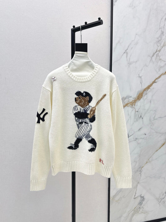 Ral 25 New joint baseball bear wool sweater（WHITE/NAVY）