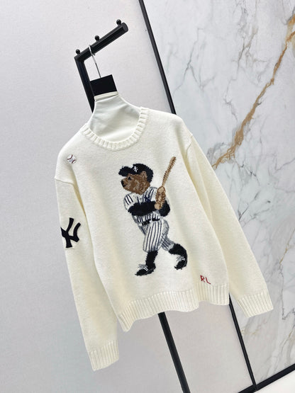 Ral 25 New joint baseball bear wool sweater（WHITE/NAVY）
