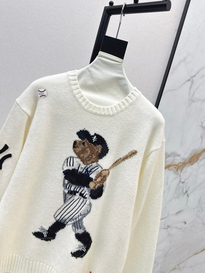 Ral 25 New joint baseball bear wool sweater（WHITE/NAVY）