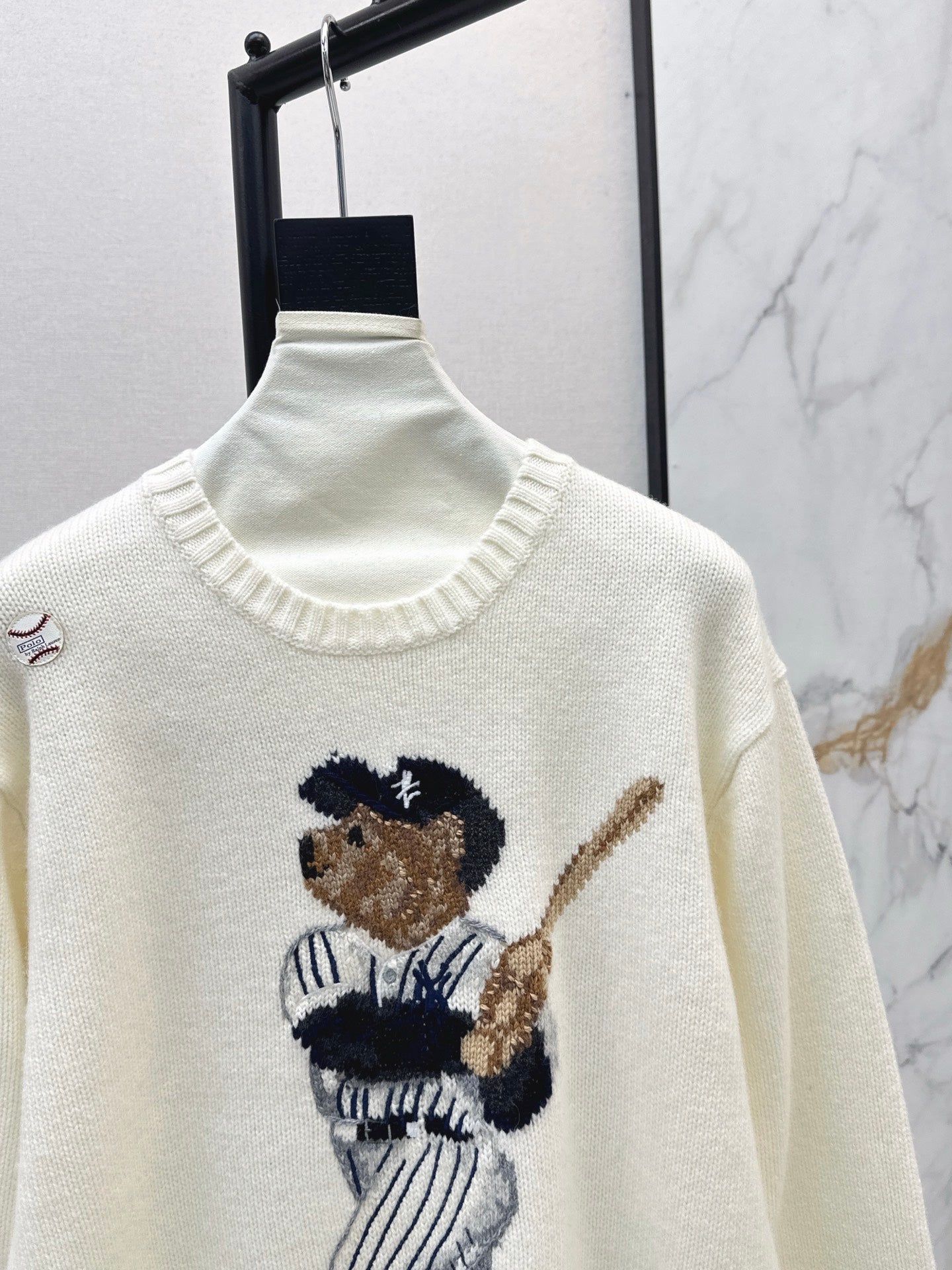 Ral 25 New joint baseball bear wool sweater（WHITE/NAVY）
