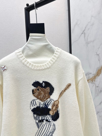 Ral 25 New joint baseball bear wool sweater（WHITE/NAVY）