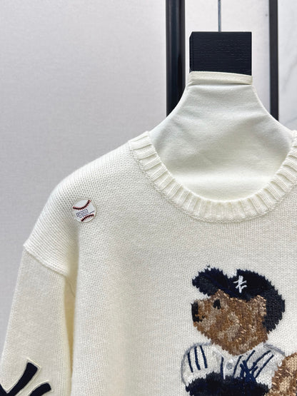 Ral 25 New joint baseball bear wool sweater（WHITE/NAVY）