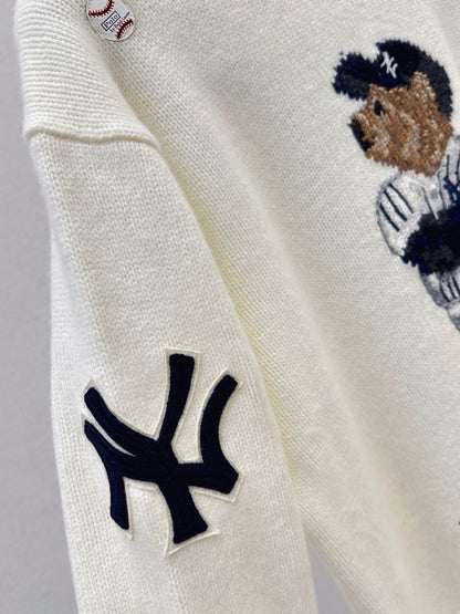 Ral 25 New joint baseball bear wool sweater（WHITE/NAVY）