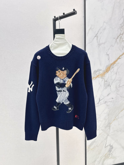 Ral 25 New joint baseball bear wool sweater（WHITE/NAVY）