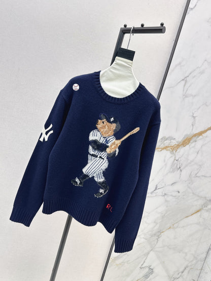 Ral 25 New joint baseball bear wool sweater（WHITE/NAVY）