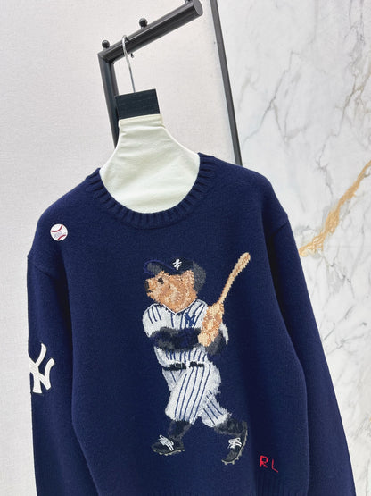 Ral 25 New joint baseball bear wool sweater（WHITE/NAVY）