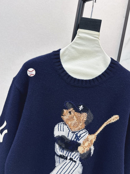 Ral 25 New joint baseball bear wool sweater（WHITE/NAVY）