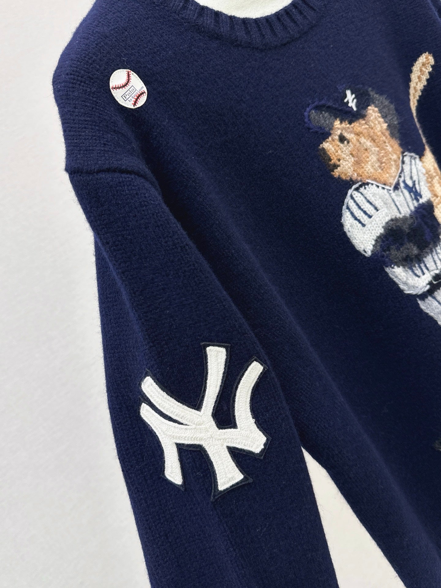 Ral 25 New joint baseball bear wool sweater（WHITE/NAVY）