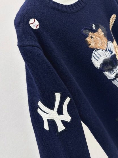Ral 25 New joint baseball bear wool sweater（WHITE/NAVY）