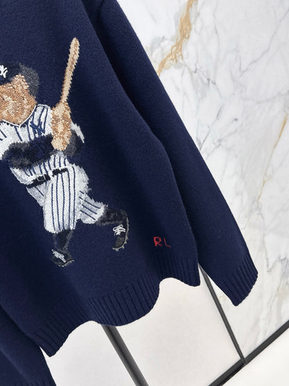 Ral 25 New joint baseball bear wool sweater（WHITE/NAVY）