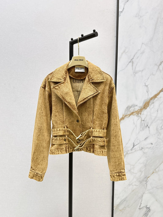 Mi 25 New double belt design denim jacket(KHAKI/GRAY)