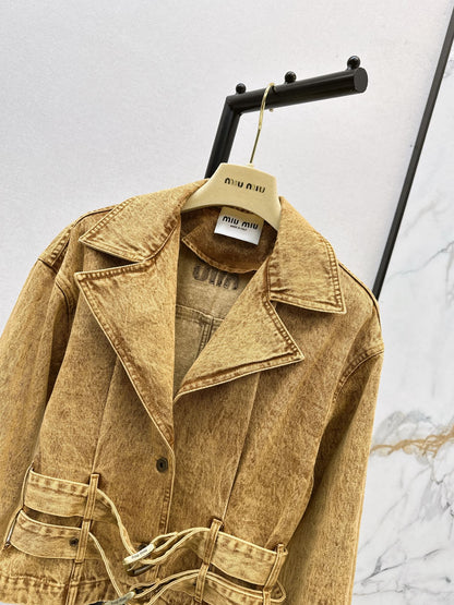 Mi 25 New double belt design denim jacket(KHAKI/GRAY)