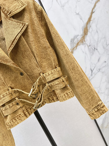 Mi 25 New double belt design denim jacket(KHAKI/GRAY)