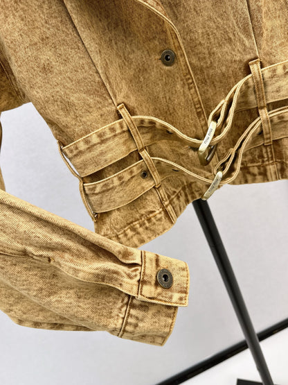 Mi 25 New double belt design denim jacket(KHAKI/GRAY)