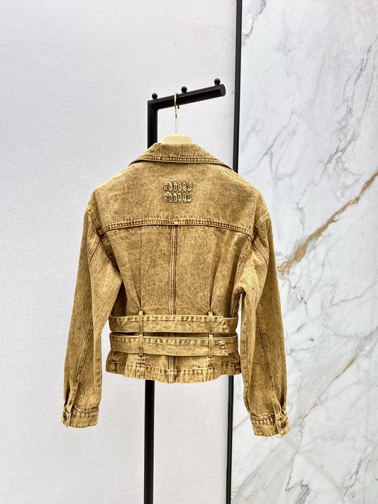 Mi 25 New double belt design denim jacket(KHAKI/GRAY)