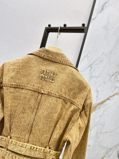 Mi 25 New double belt design denim jacket(KHAKI/GRAY)