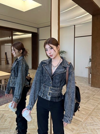 Mi 25 New double belt design denim jacket(KHAKI/GRAY)