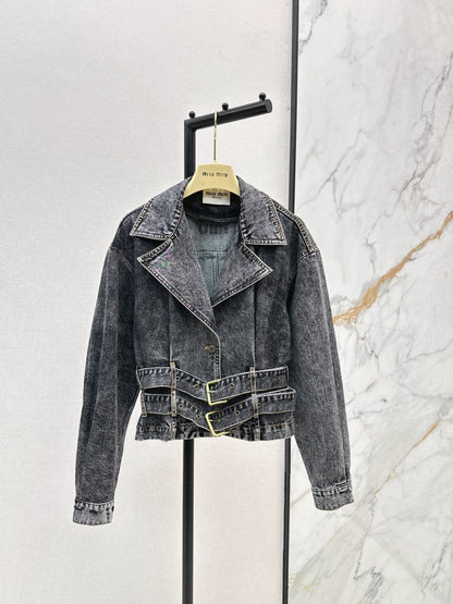 Mi 25 New double belt design denim jacket(KHAKI/GRAY)