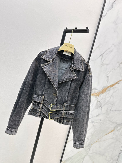 Mi 25 New double belt design denim jacket(KHAKI/GRAY)