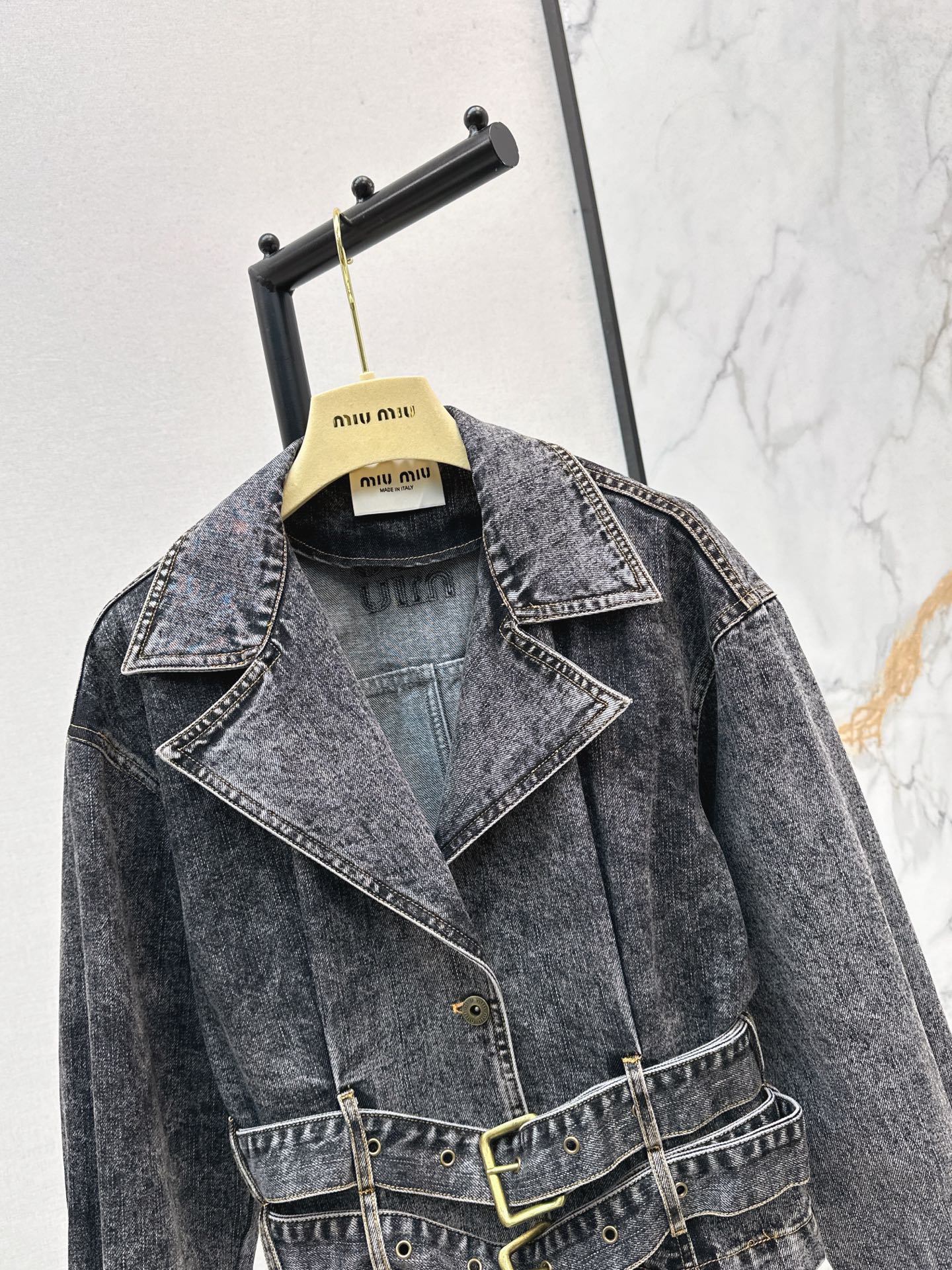Mi 25 New double belt design denim jacket(KHAKI/GRAY)