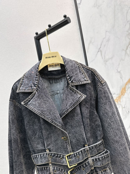 Mi 25 New double belt design denim jacket(KHAKI/GRAY)