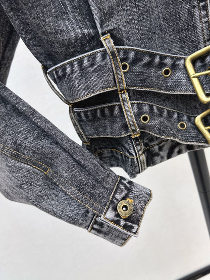 Mi 25 New double belt design denim jacket(KHAKI/GRAY)