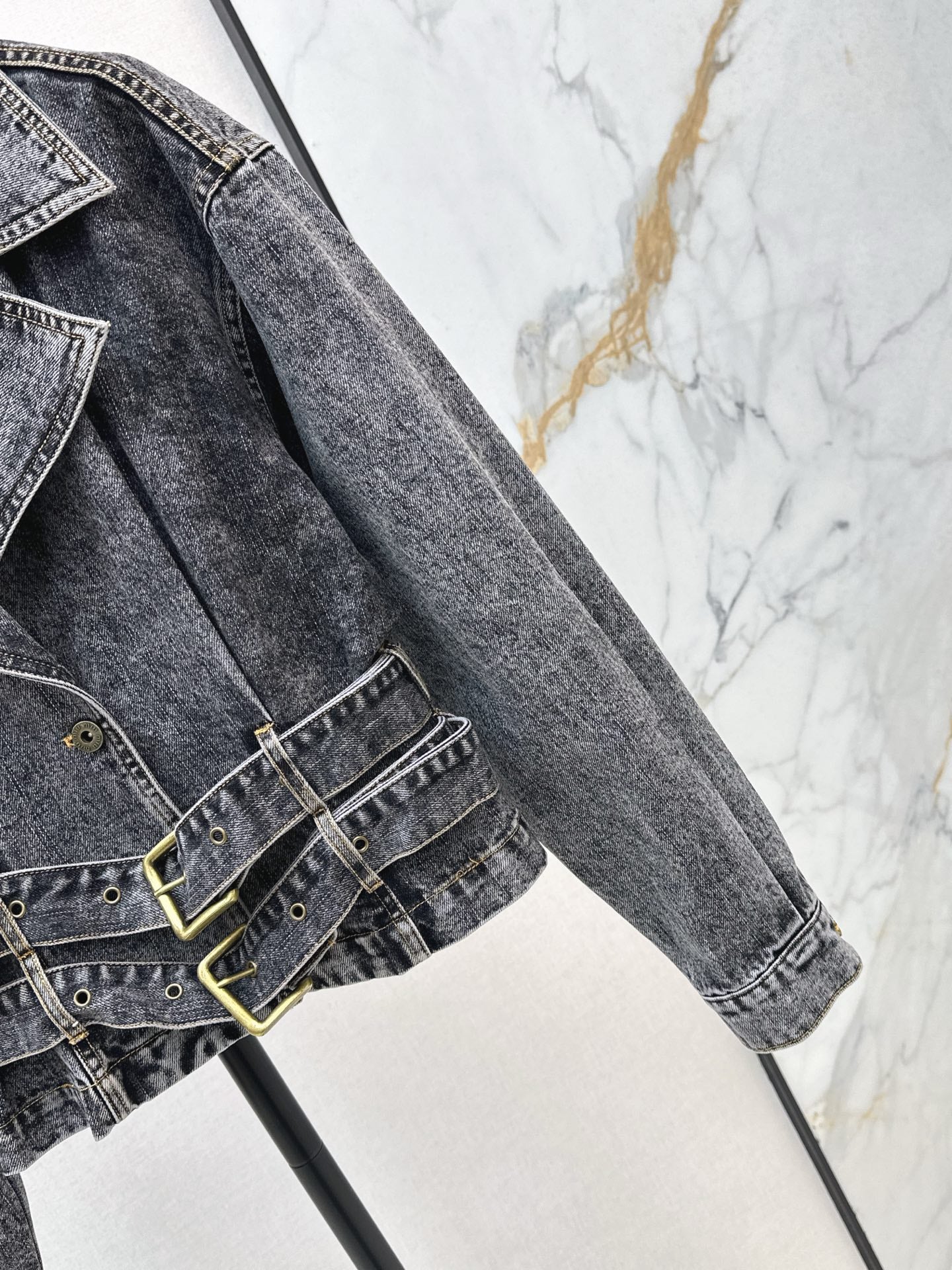 Mi 25 New double belt design denim jacket(KHAKI/GRAY)