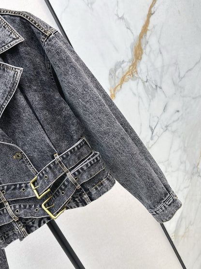 Mi 25 New double belt design denim jacket(KHAKI/GRAY)
