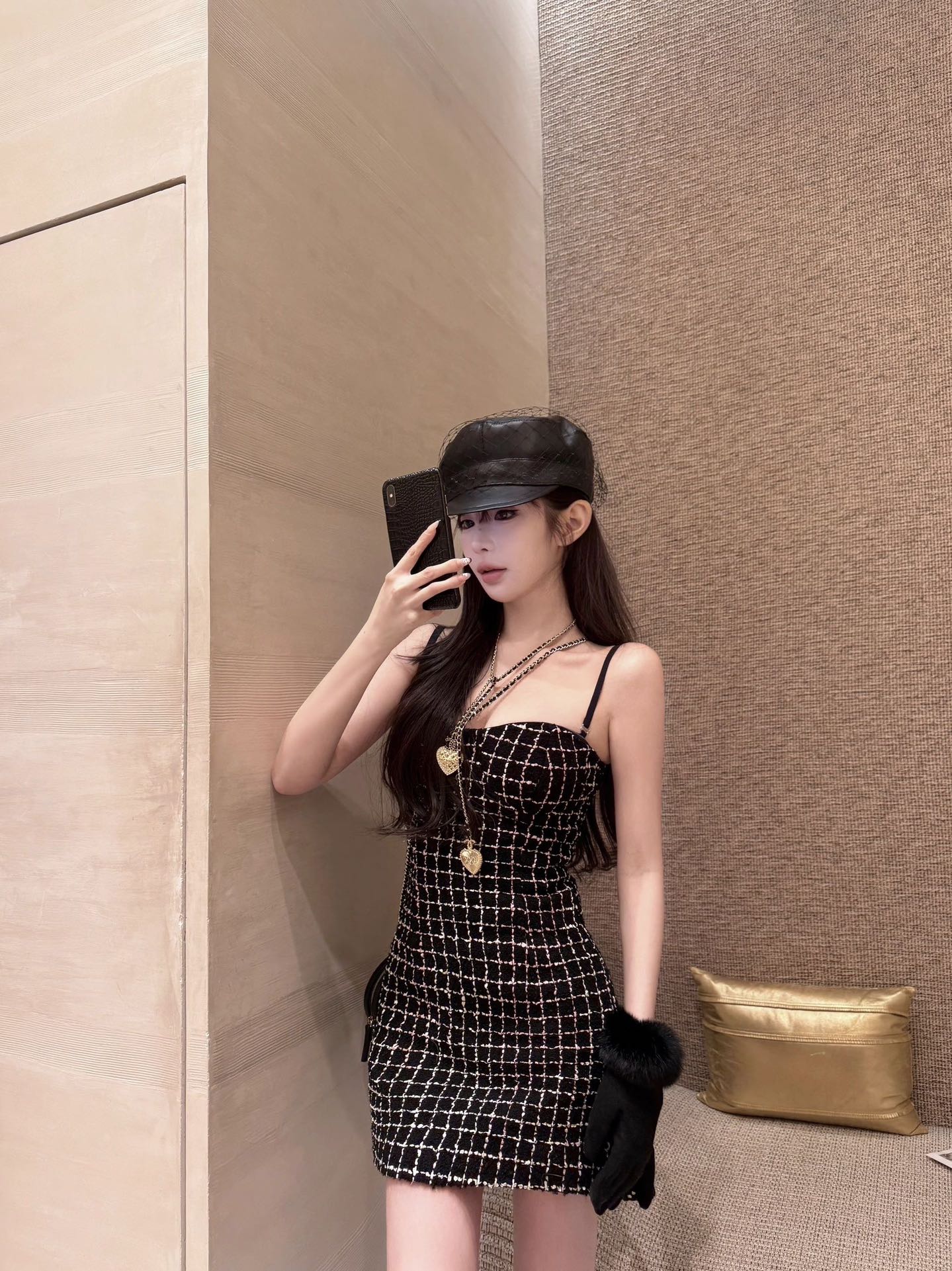 Bal 25 New Gold Button Tweed Slip Dress
