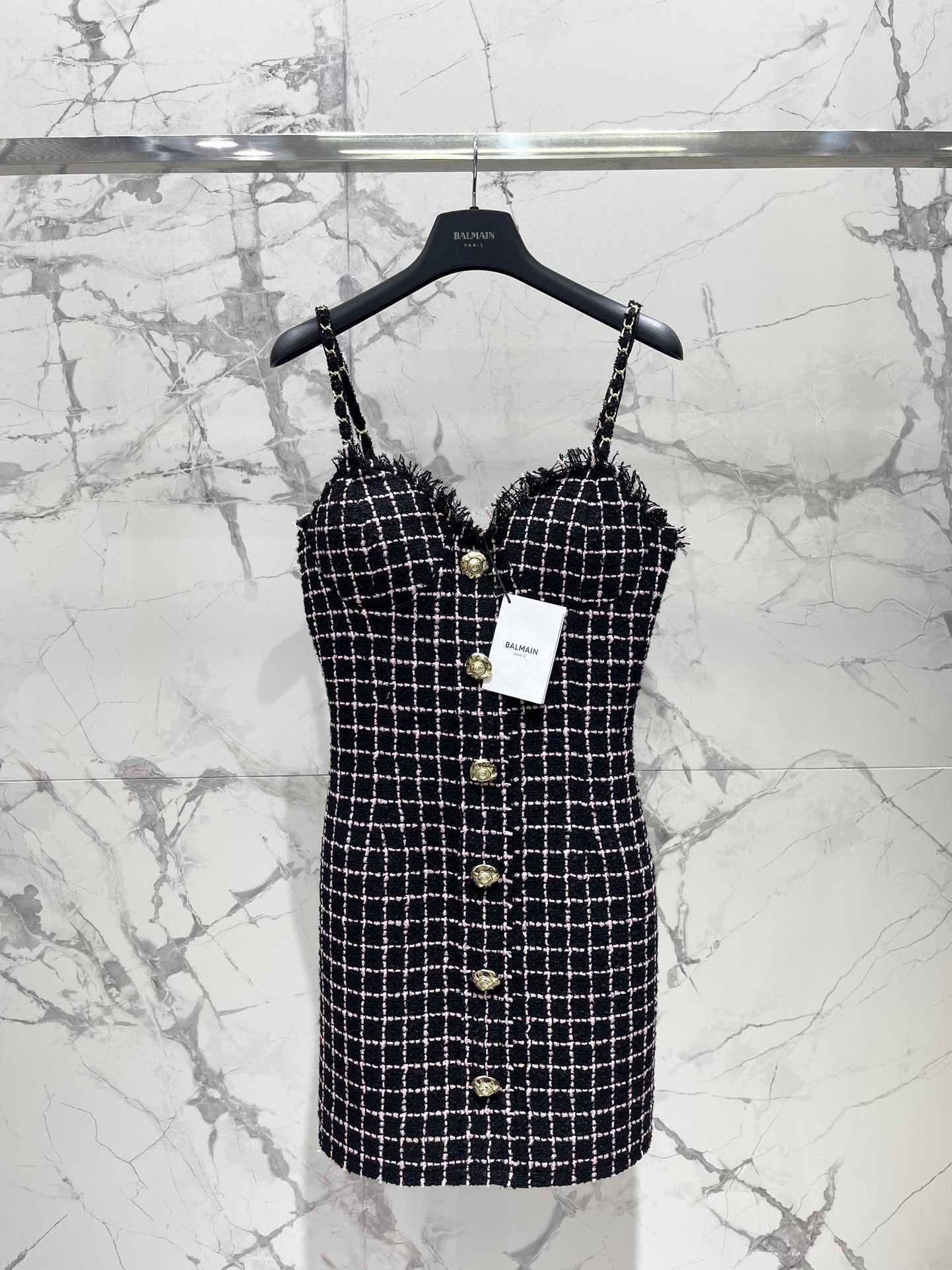Bal 25 New Gold Button Tweed Slip Dress