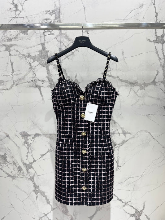 Bal 25 New Gold Button Tweed Slip Dress