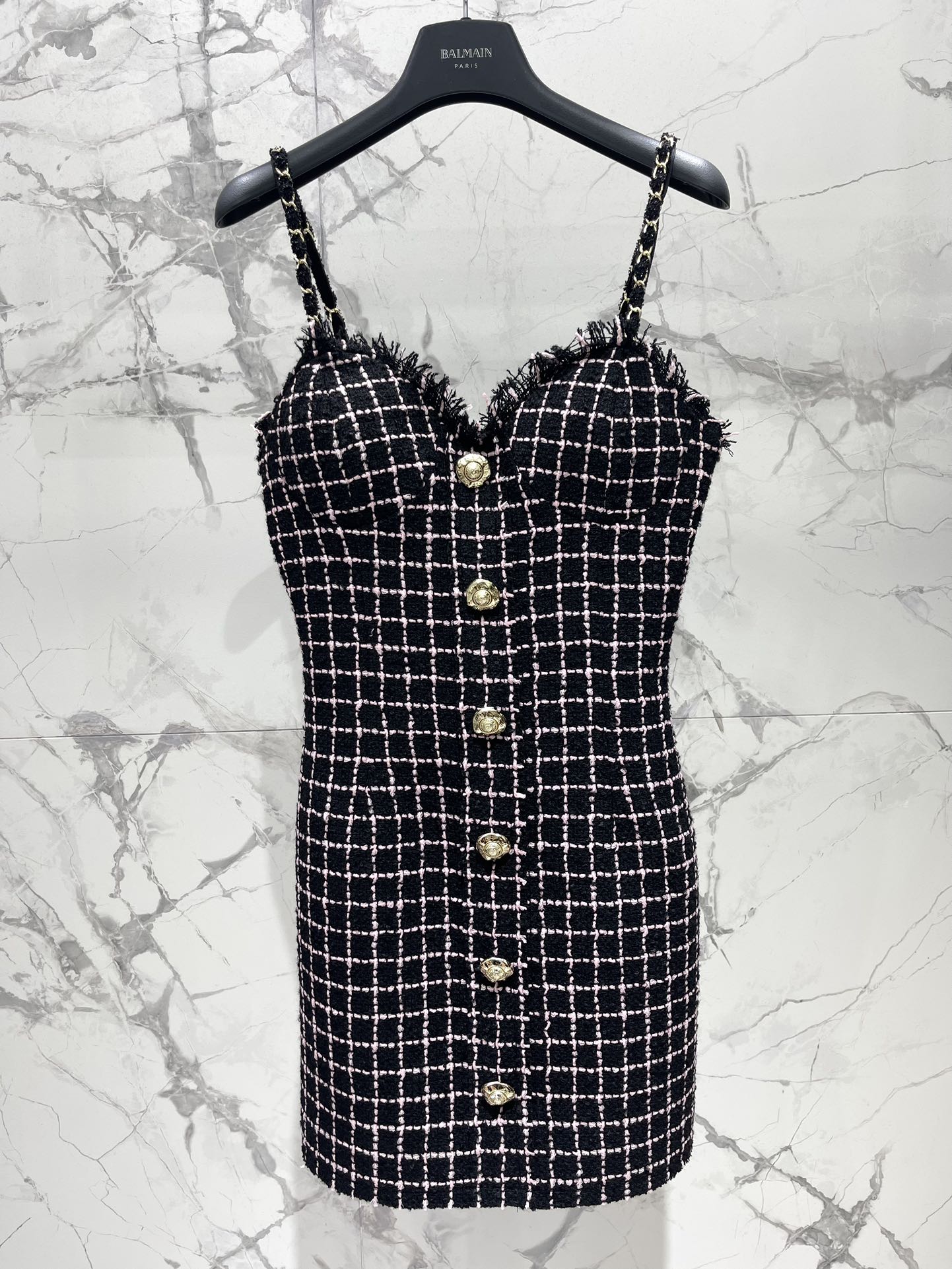 Bal 25 New Gold Button Tweed Slip Dress