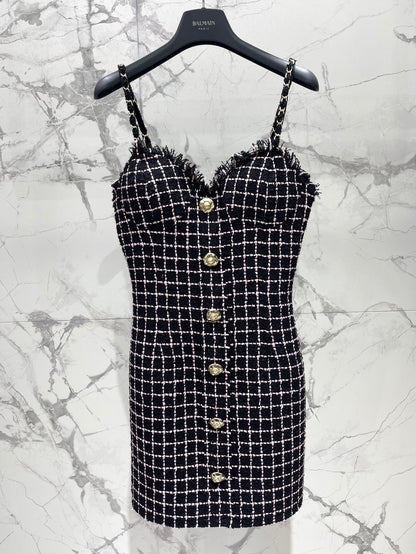 Bal 25 New Gold Button Tweed Slip Dress