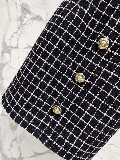Bal 25 New Gold Button Tweed Slip Dress