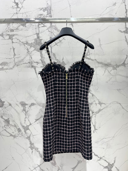 Bal 25 New Gold Button Tweed Slip Dress