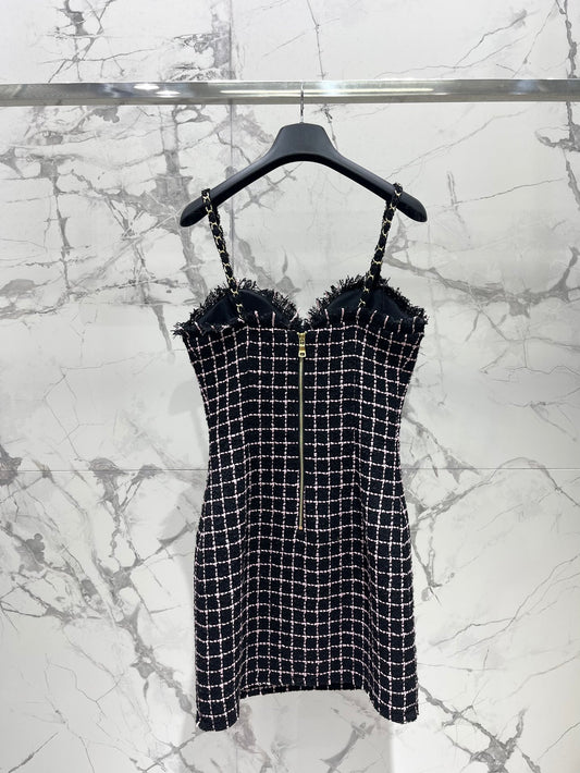 Bal 25 New Gold Button Tweed Slip Dress