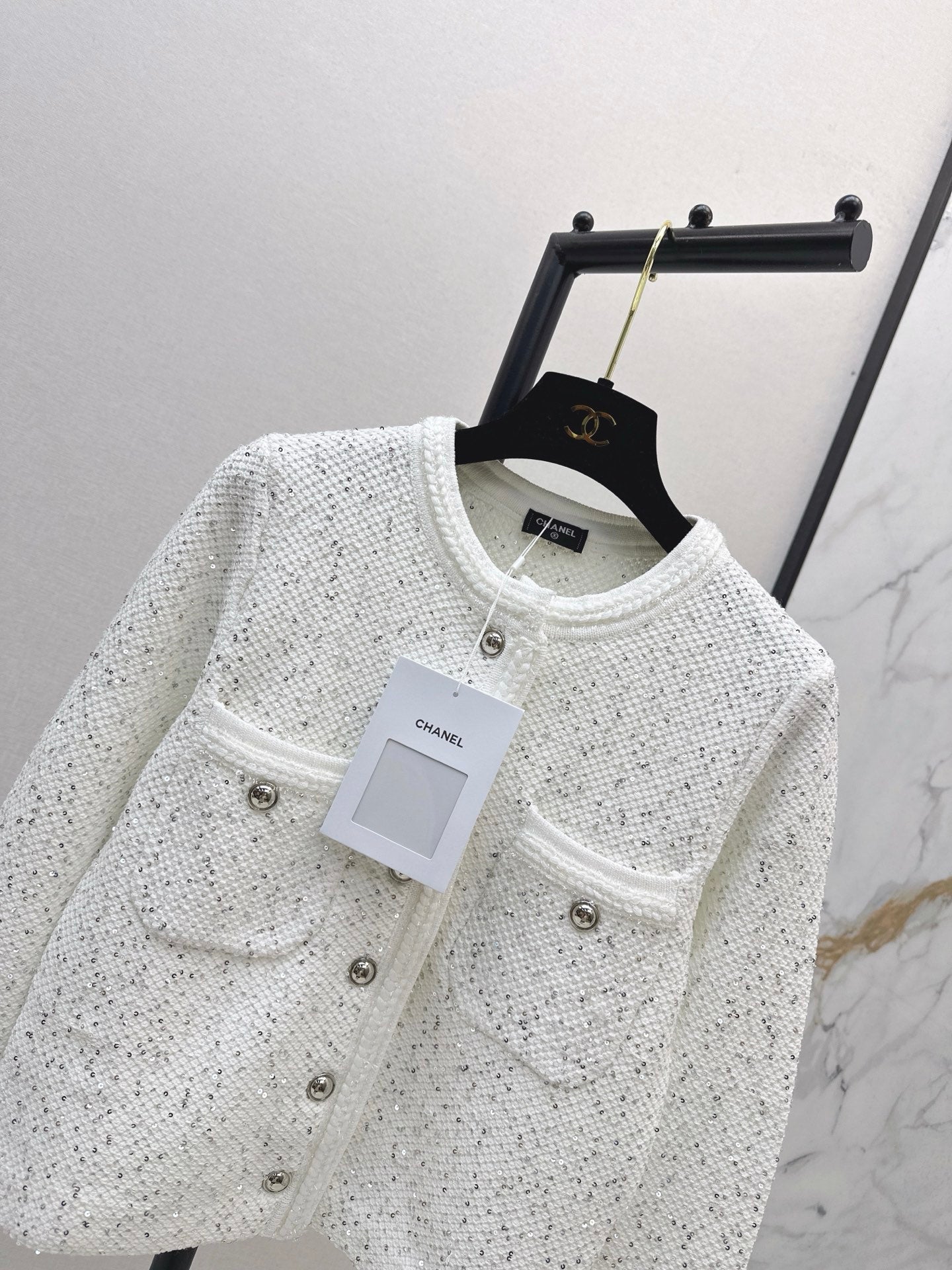 C 25 New Sequined Cropped Cardigan(WHITE/BLACK)