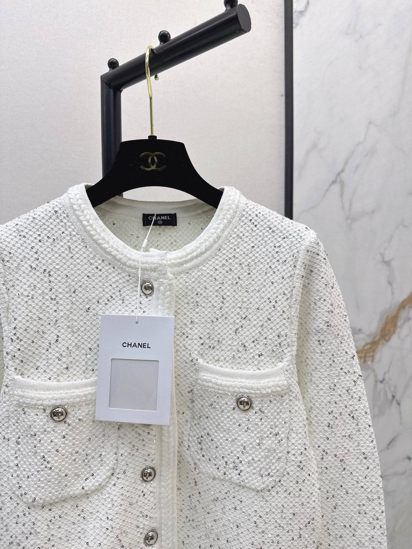 C 25 New Sequined Cropped Cardigan(WHITE/BLACK)