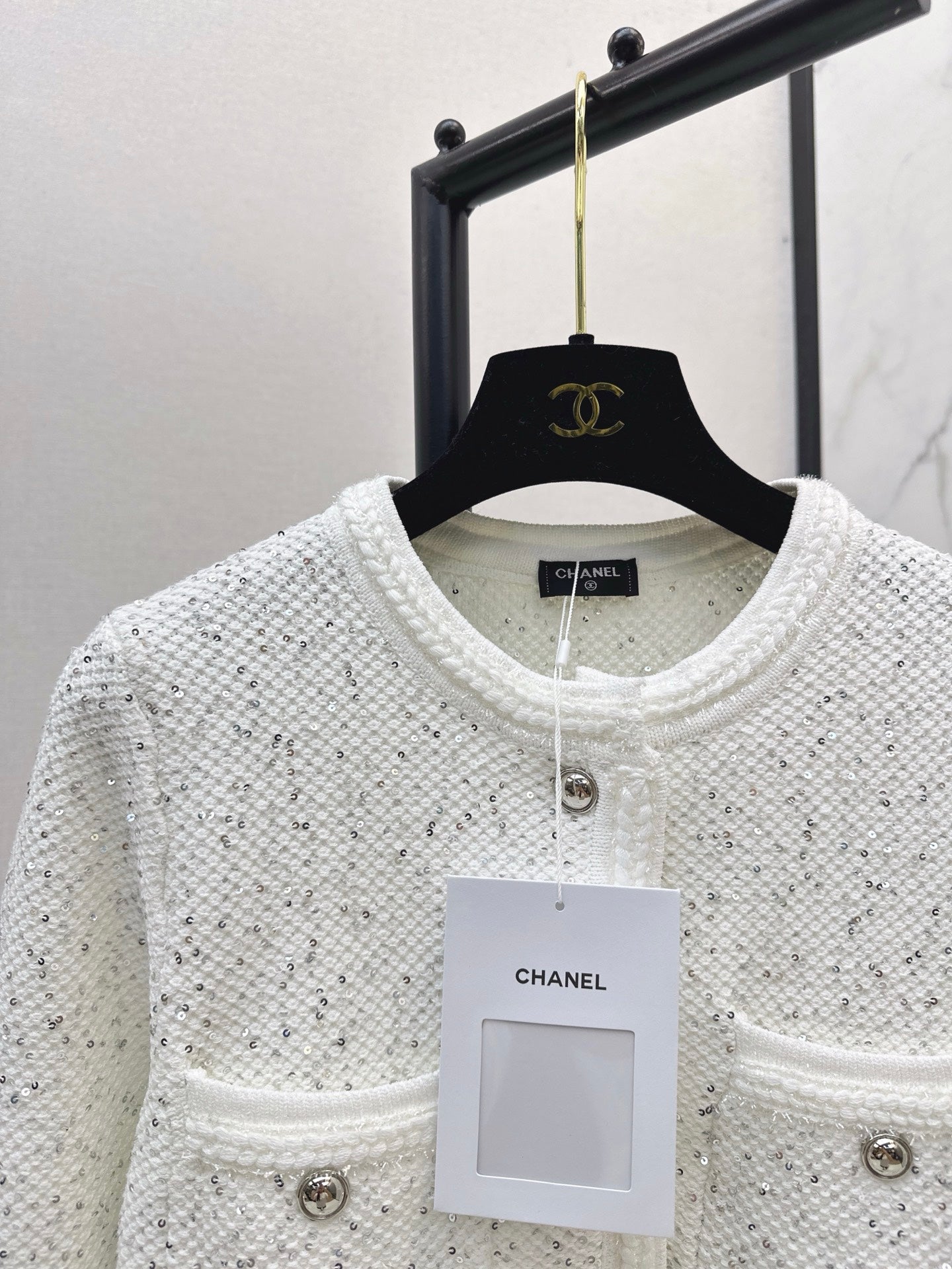 C 25 New Sequined Cropped Cardigan(WHITE/BLACK)