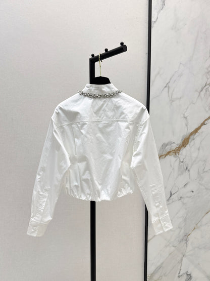 C 25 New Rhinestone Decorated Cropped White Shirt